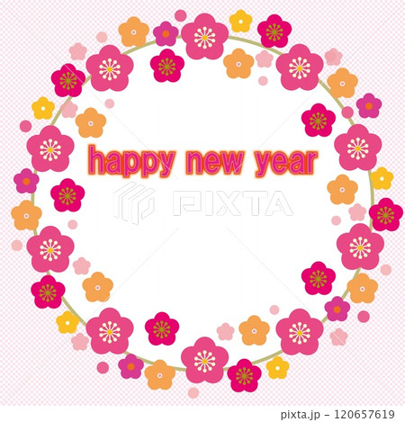 ハッピーニューイヤー　happy new year　フレーム　梅　市松模様 120657619