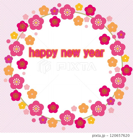ハッピーニューイヤー　happy new year　フレーム　梅　市松模様 120657620