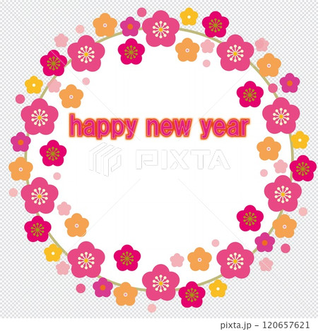 ハッピーニューイヤー　happy new year　フレーム　梅　市松模様 120657621