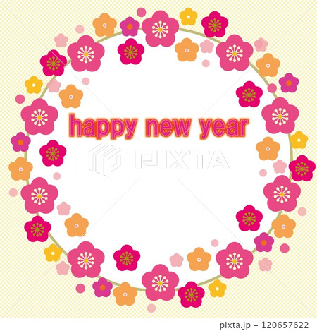 ハッピーニューイヤー　happy new year　フレーム　梅　市松模様 120657622