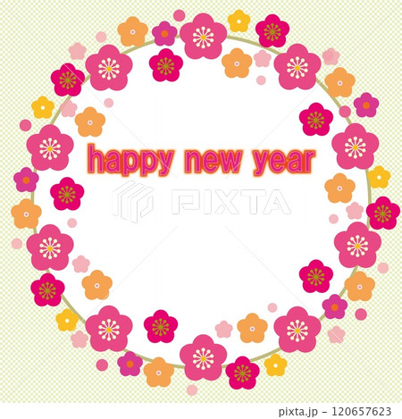 ハッピーニューイヤー　happy new year　フレーム　梅　市松模様 120657623