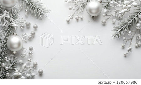 Christmas arrangement featuring frosted pine branches, silver baubles, and delicate decorations, white background 120657986