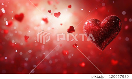 a glittery red heart surrounded by smaller floating hearts on a vibrant, glowing red background 120657989