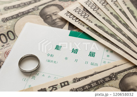 離婚届とお金　離婚時の慰謝料や財産分与のイメージ写真 120658032