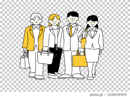 こちらを向いて立っている男性と女性のビジネスマン四人 120658405