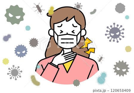 喉風邪・扁桃腺の痛み炎症のある女性ベクターイラスト 発熱 インフルエンザ のど 首 扁桃腺炎 咳 首 喉風邪・扁桃腺の痛み炎症のある女性ベクターイラスト 発熱 インフルエンザ のど 首 扁桃腺炎 咳 首 120658409