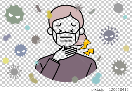 一位患有喉嚨痛、扁桃體疼痛和發炎的老婦人發燒流感咽喉扁桃體炎的病媒圖解 一位患有喉嚨痛、扁桃體疼痛和發炎的老婦人發燒流感咽喉扁桃體炎的病媒圖解 120658413