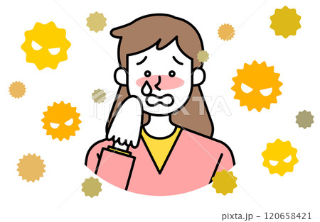 花粉症で涙を流す女性のベクターイラスト 目の痒み 鼻水 くしゃみ アレルギー ティッシュ 鼻炎 120658421