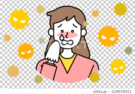 一名婦女因花粉熱而哭泣的病媒圖解 眼睛發癢 流鼻水 打噴嚏 過敏組織鼻炎 120658421