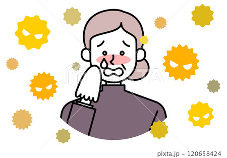 花粉症で涙を流すおばあさんのベクターイラスト 目の痒み 鼻水 くしゃみ アレルギー ティッシュ 鼻炎 120658424