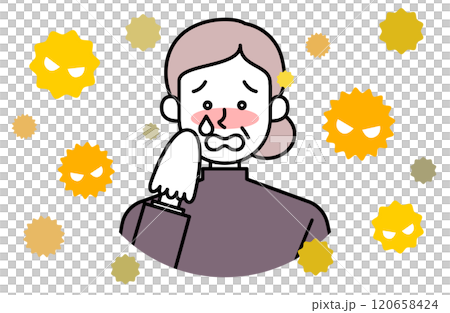 花粉症で涙を流すおばあさんのベクターイラスト 目の痒み 鼻水 くしゃみ アレルギー ティッシュ 鼻炎 120658424