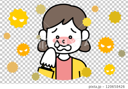 Vector illustration of a girl crying tears due to hay fever Itchy eyes Runny nose Sneezing Allergy Tissue Rhinitis 120658426