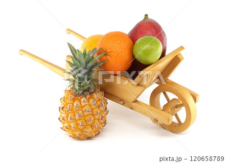 Wooden Cart Displaying Fresh Tropical and Citrus Fruits Wooden Cart Displaying Fresh Tropical and Citrus Fruits 120658789