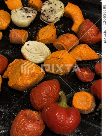 Roasted Vegetables on Baking Tray. High quality photo Roasted Vegetables on Baking Tray. High quality photo 120659599