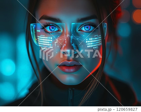 Futuristic Woman with Blue Glowing Digital Glasses. High quality illustration Futuristic Woman with Blue Glowing Digital Glasses. High quality illustration 120659827
