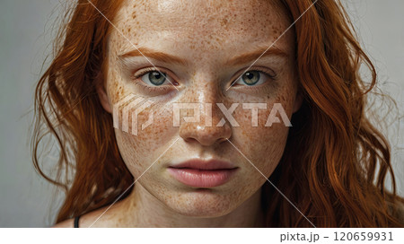 The young woman with striking red hair and prominent freckles stares intently, her captivating green eyes reflecting natural light in a serene environment. 120659931