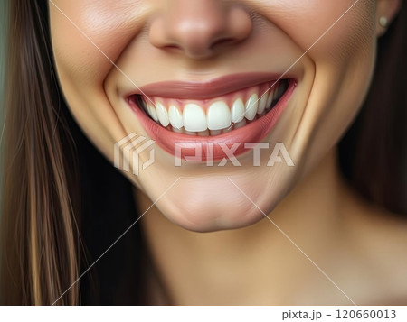 This image features a close up of a womans beautiful smile, showcasing her white teeth alongside her striking red lips 120660013