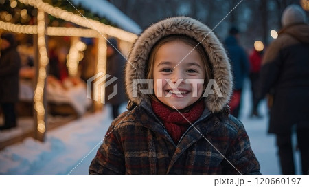 Smiling child wearing a winter coat and red scarf at a Christmas market with festive lights. Holiday joy and winter celebration concept. High quality illustration 120660197