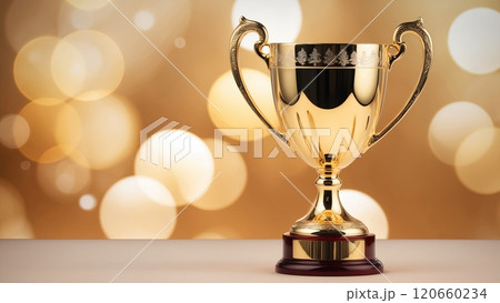 A golden trophy rests on a blurred bokeh background, symbolizing achievement and celebration of success 120660234