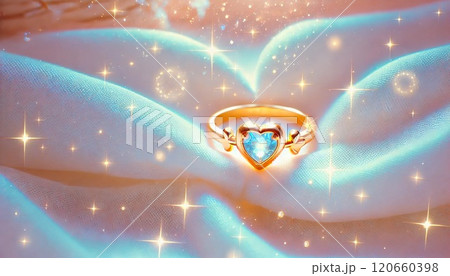 輝くブルーハートジェムのゴールドリングと幻想的な光の背景 120660398
