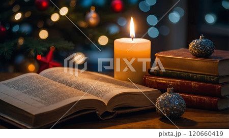 Open book with burning candle and holiday ornaments on table. Christmas evening ambiance with tree lights in background. High quality illustration 120660419
