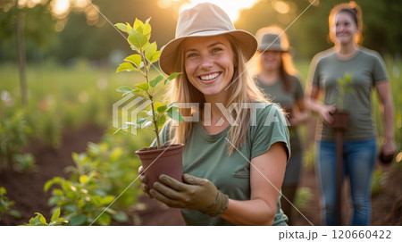 Smiling woman holding a young potted plant while gardening outdoors. Sustainability and eco-friendly lifestyle concept. High quality illustration 120660422