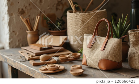 Handmade eco-friendly products and accessories displayed on a rustic table. Sustainable crafts and natural materials concept. High quality illustration 120660423
