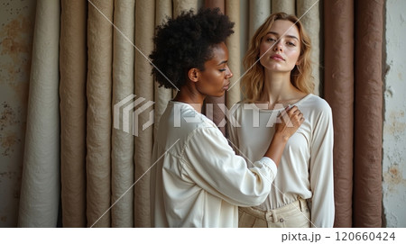 Two women selecting fabric samples in a workshop with natural textile rolls. Sustainable fashion and material design concept. High quality illustration 120660424