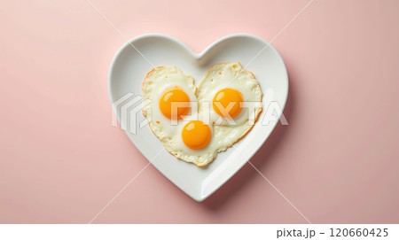 Three fried eggs served on a white heart-shaped plate against a pink background. Romantic breakfast and love-themed concept for Valentines Day designs. High quality illustration 120660425