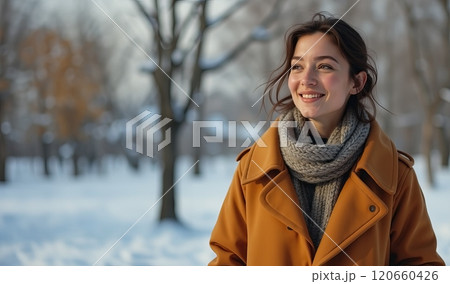 Smiling Woman in Winter Park Scene. High quality illustration 120660426