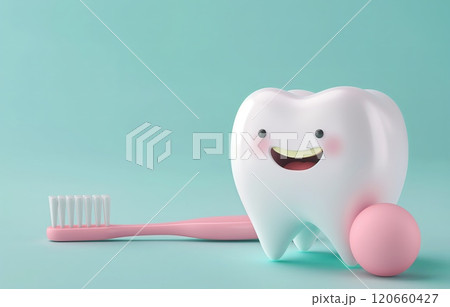 A glowing, futuristic toothbrush and a shining tooth against a light blue background, symbolizing advanced dental technology. High quality photo 120660427