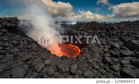 A vibrant lava fountain erupts from the center of a volcanic crater, surrounded by rough, black volcanic rock. Billowing clouds of steam rise into the clear blue sky. A vibrant lava fountain erupts from the center of a volcanic crater, surrounded by rough, black volcanic rock. Billowing clouds of steam rise into the clear blue sky. 120660471