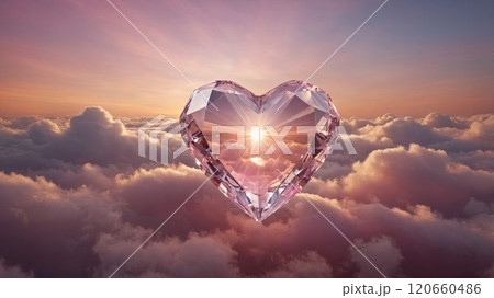 Crystal heart reflecting sunlight floating among clouds at sunrise. Love and fantasy concept. High quality illustration 120660486