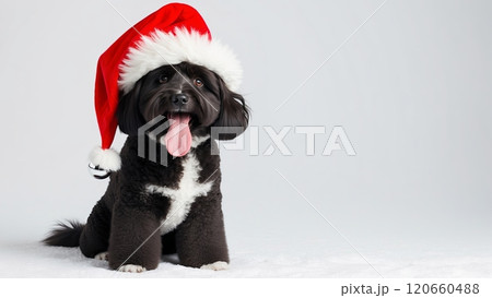 A playful dog with black and white fur wears a bright red Santa hat, exuding holiday cheer while sitting against a light backdrop. 120660488