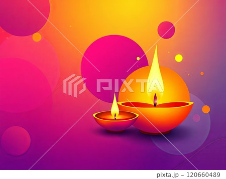 On a vibrant and colorful background, two beautiful candles are standing out, each flickering gently, creating a warm atmosphere with their flames 120660489