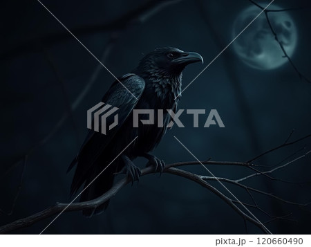 Dark Raven on a Tree Branch with Full Moon. High quality illustration 120660490