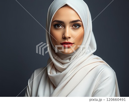 A woman, dressed in a stunning white hijab, is confidently gazing directly at the camera, creating an engaging visual connection 120660491