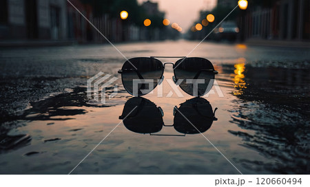 As nightfall approaches, sunglasses rest in a puddle on a deserted street, capturing reflections of surrounding streetlights and creating a serene atmosphere. 120660494