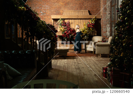 woman celebration fireplace cozy holiday alone new year girl christmas tree young home woman celebration fireplace cozy holiday alone new year girl christmas tree young home 120660540