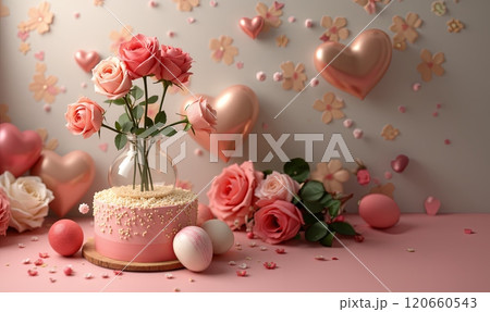 A vibrant pink rose arrangement next to an elegantly decorated cake, perfect for any special celebration 120660543