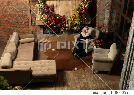tree celebration holiday christmas new girl home alone fireplace cozy year woman young tree celebration holiday christmas new girl home alone fireplace cozy year woman young 120660552