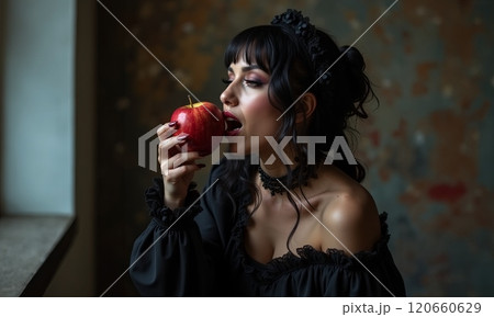 A woman in dark, elegant clothing poses with an enticing apple, radiating mystery and allure that captivates A woman in dark, elegant clothing poses with an enticing apple, radiating mystery and allure that captivates 120660629