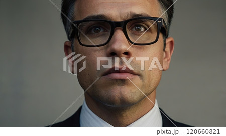 A man dressed in a formal suit and glasses stands confidently with a serious expression, conveying professionalism and focus in a simple backdrop. 120660821