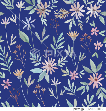 Cute delicate floral pattern with pink flowers and plants.Hand-drawn watercolor illustration. 120661012