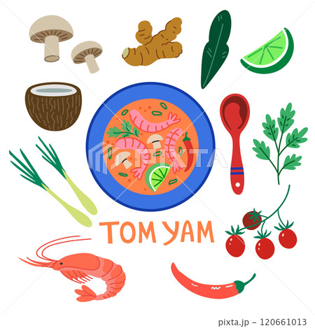 Tom yam soup, tom yum. Traditional Thai food, top view of meal and ingredients. Illustration in colorful trendy style. 120661013