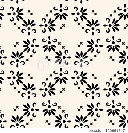 Simple minimalist floral pattern. Minimal seamless texture with small flower shapes. Abstract black and white geometric background. For print, package Simple minimalist floral pattern. Minimal seamless texture with small flower shapes. Abstract black and white geometric background. For print, package 120661247