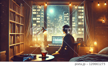 雨の夜、音楽制作に集中するクリエイターのインテリアシーン 120661273