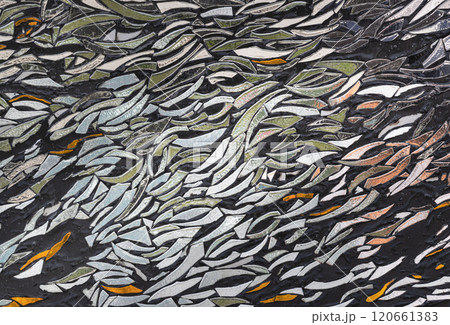 The walls are decorated with colorful Stained glass scraps mosaic. 120661383