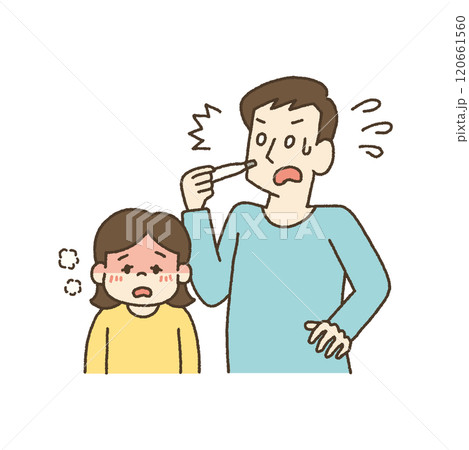 高熱の子供の体温に驚く父親のイラスト 120661560