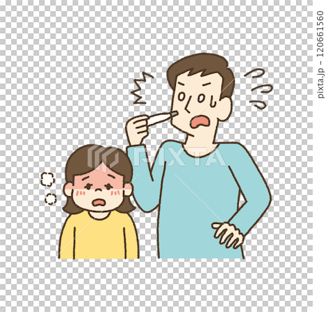 高熱の子供の体温に驚く父親のイラスト 120661560